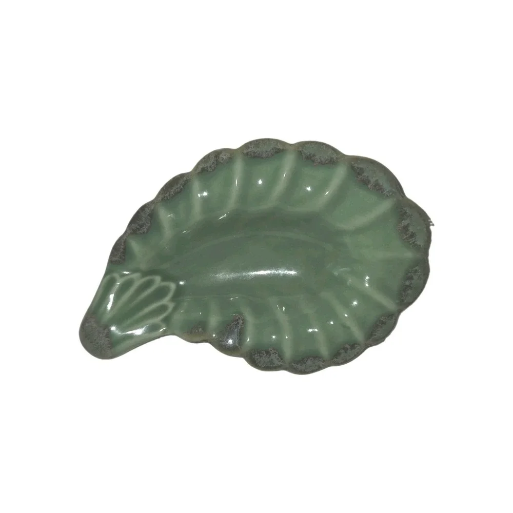 Vintage Green Ceramic Leaf Trinket Dish | Cottagecore Grannycore Ring Tray Spoon